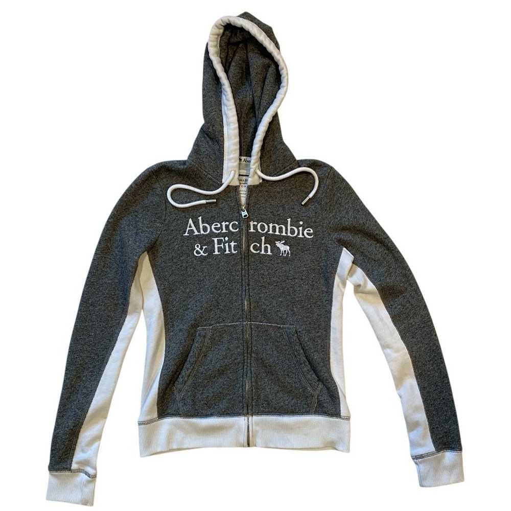 Abercrombie & Fitch Women's Small Grey & White Full Zip Hooded Jacket Logo
